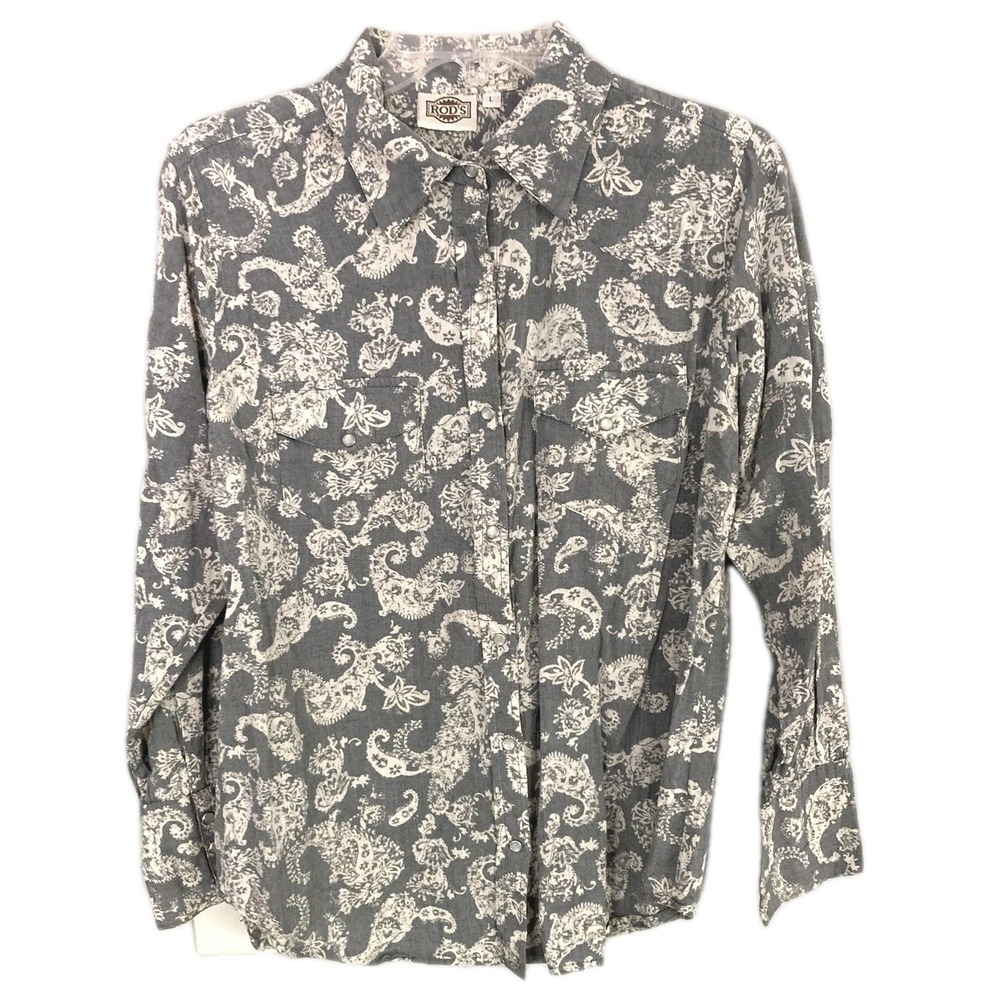 Vtg Rod's Shirt Women L Gray Paisley Pearl Snap Western Equestrian Cotton EUC